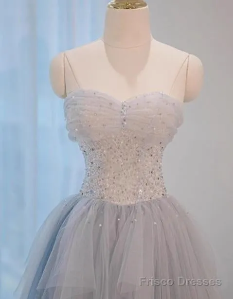 A-Line Sweetheart Neck Sequined Tulle Long Prom Dress Birthday Dress Graduation Prom Dress
