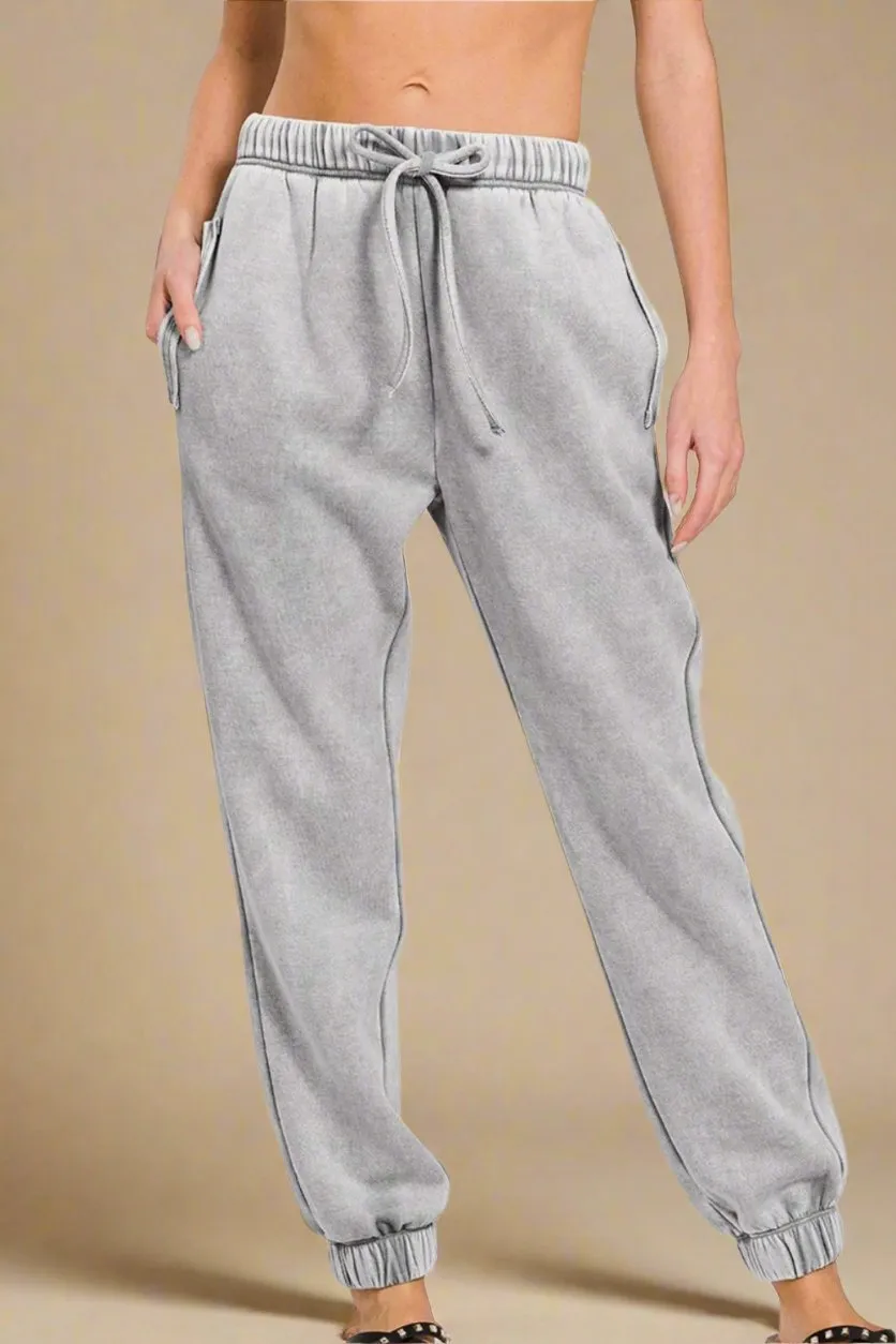 Acid Wash Fleece Drawstring Sweatpants in Sleet