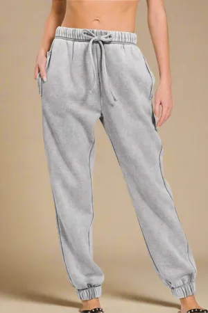 Acid Wash Fleece Drawstring Sweatpants in Sleet
