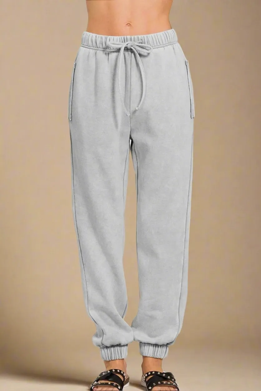 Acid Wash Fleece Drawstring Sweatpants in Sleet