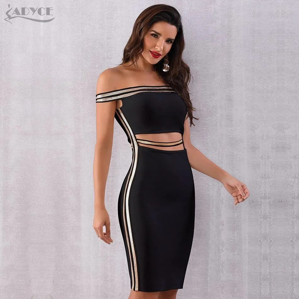 ADYCE Sexy Slash Neck Sequined Hollow Out Midi Off Shoulder Bandage Party Dress - H5223