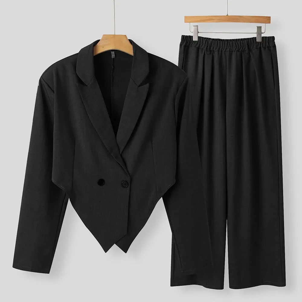 Aidase Mens Casual Blazer Wide Leg Pants Suit Autumn Winter Genderless Fashion Business Solid Color Loose Lapel Two-Piece Set Unisex