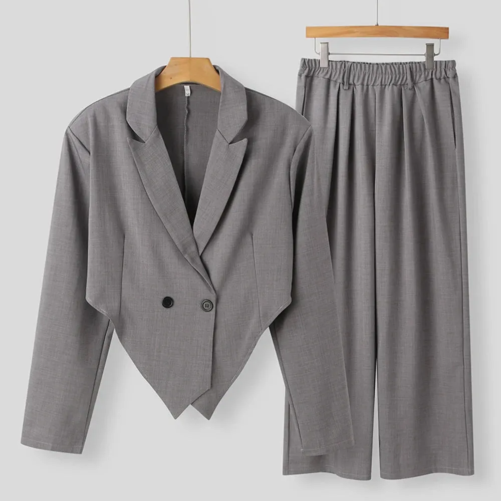 Aidase Mens Casual Blazer Wide Leg Pants Suit Autumn Winter Genderless Fashion Business Solid Color Loose Lapel Two-Piece Set Unisex