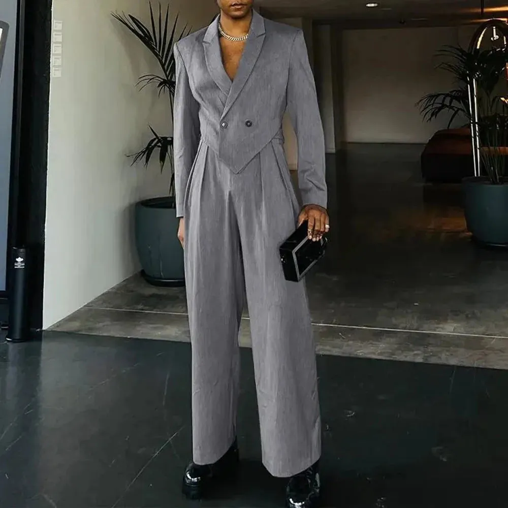 Aidase Mens Casual Blazer Wide Leg Pants Suit Autumn Winter Genderless Fashion Business Solid Color Loose Lapel Two-Piece Set Unisex