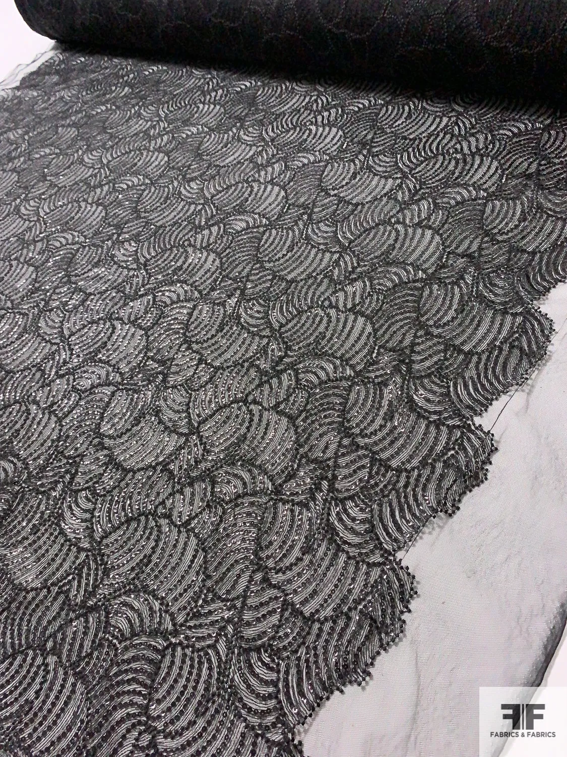 All-Over Embroidered and Sequined Fine Netting - Black