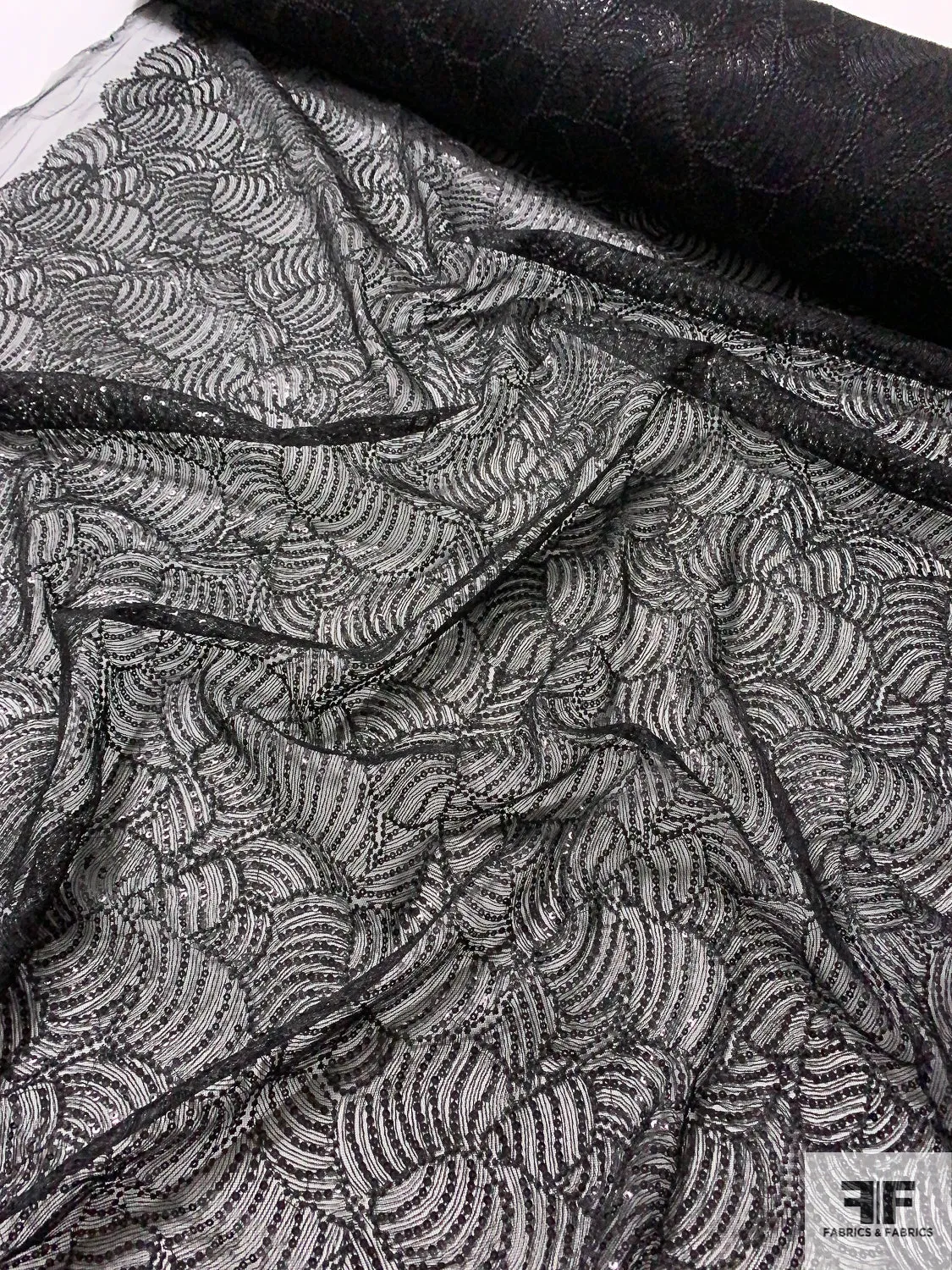 All-Over Embroidered and Sequined Fine Netting - Black