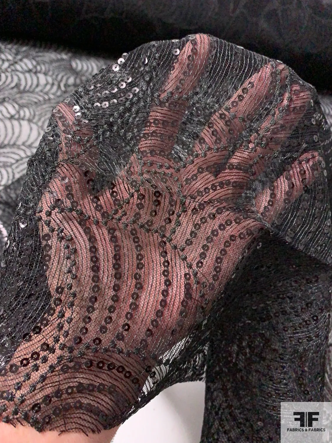 All-Over Embroidered and Sequined Fine Netting - Black
