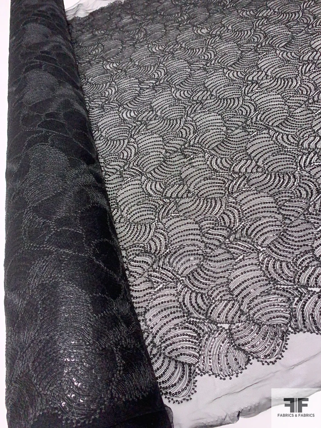 All-Over Embroidered and Sequined Fine Netting - Black