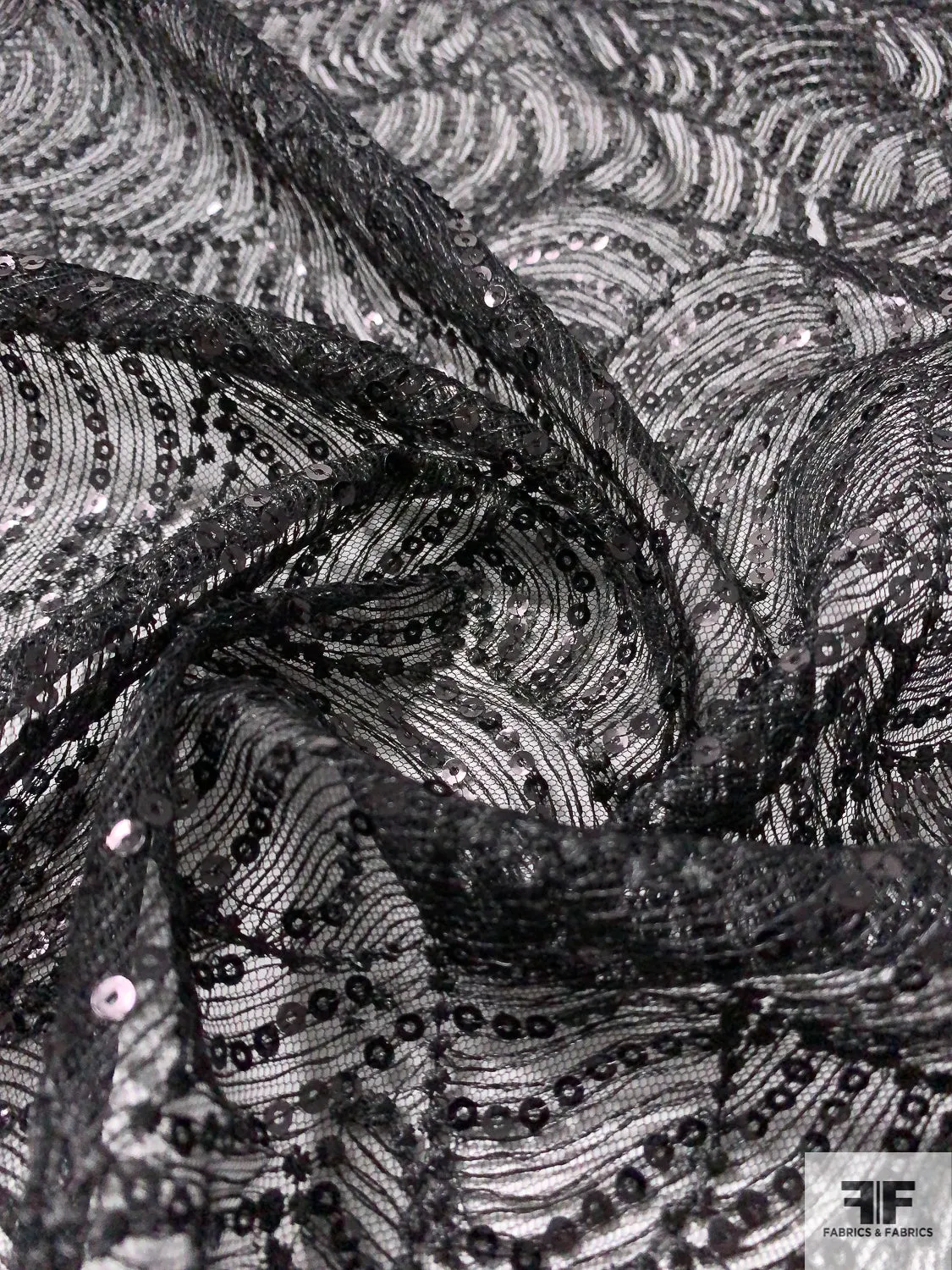 All-Over Embroidered and Sequined Fine Netting - Black