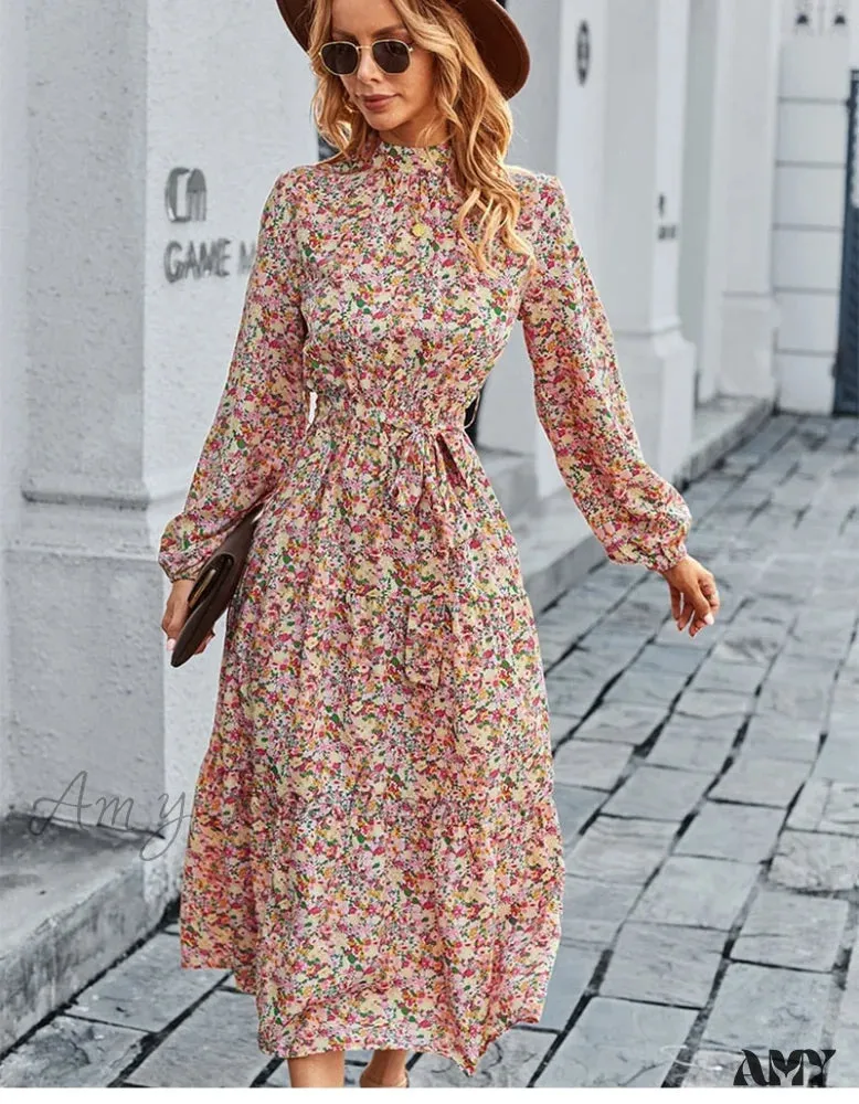 Amy Fashion - Autumn Winter Half High Collar Floral Dress