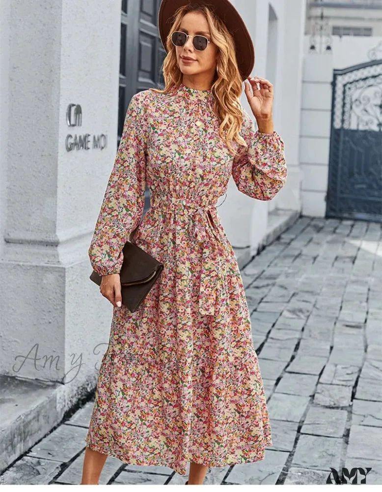Amy Fashion - Autumn Winter Half High Collar Floral Dress