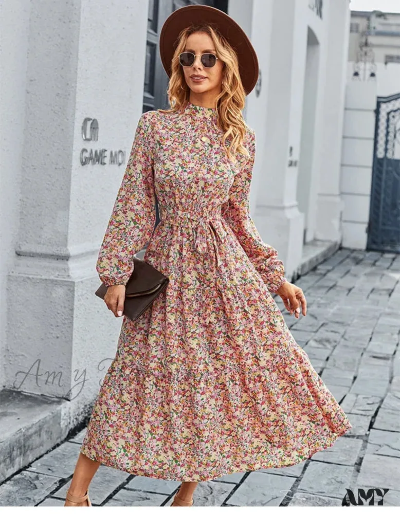 Amy Fashion - Autumn Winter Half High Collar Floral Dress