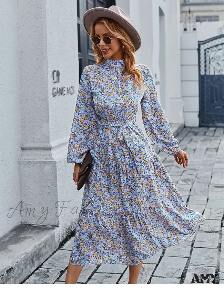 Amy Fashion - Autumn Winter Half High Collar Floral Dress