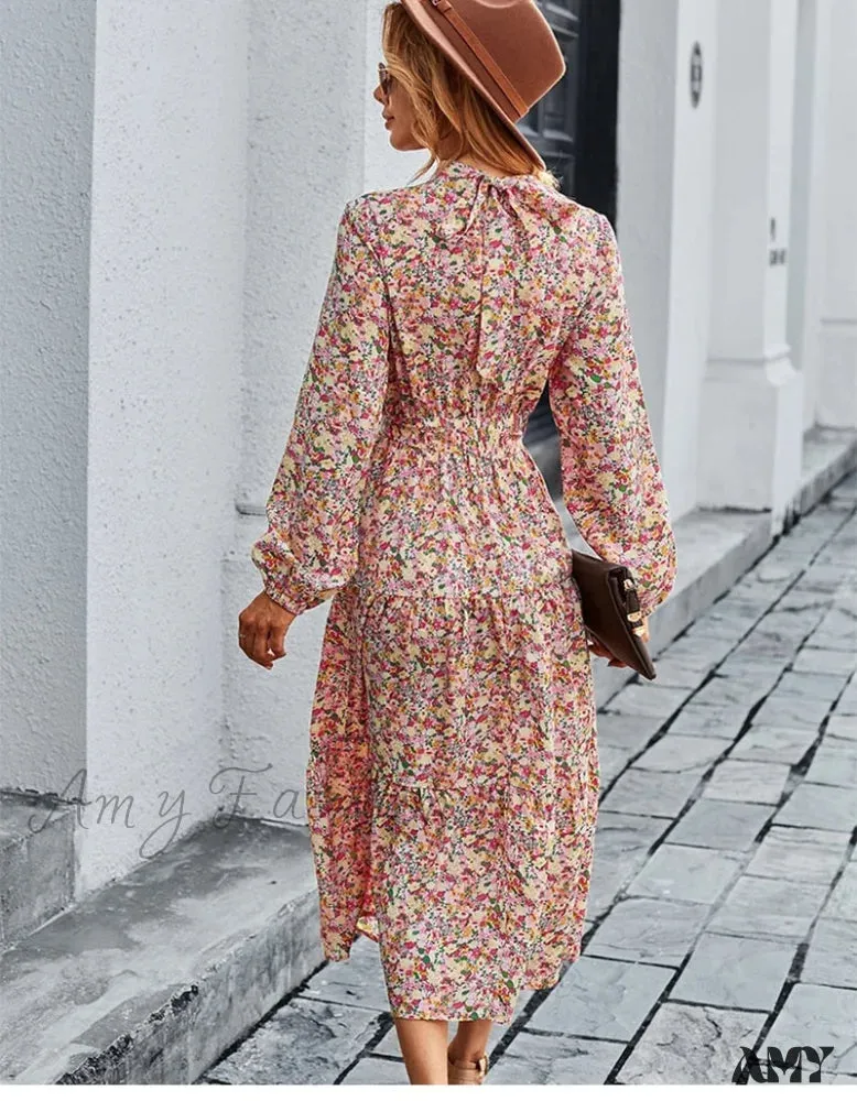 Amy Fashion - Autumn Winter Half High Collar Floral Dress