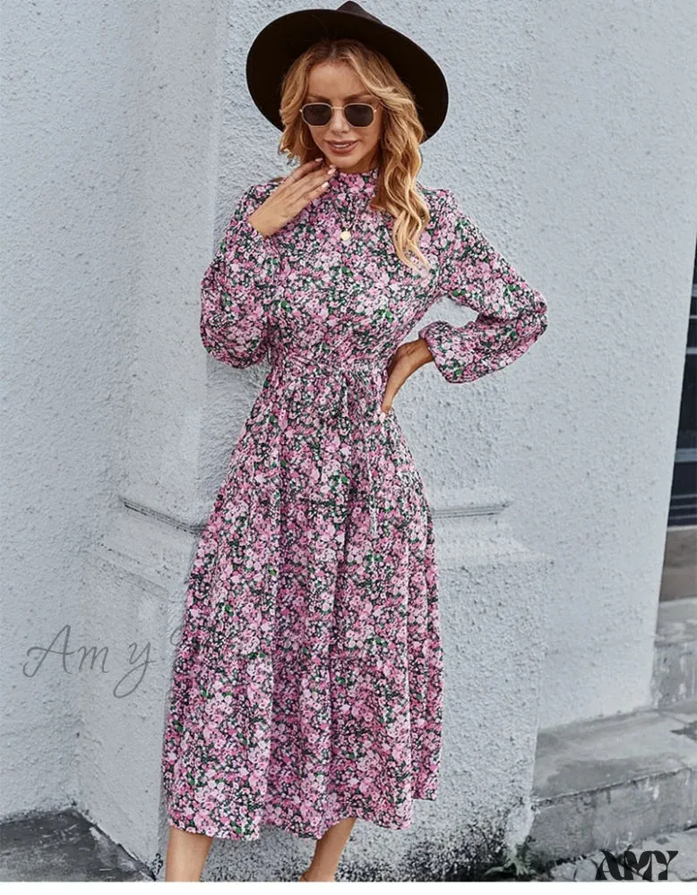 Amy Fashion - Autumn Winter Half High Collar Floral Dress