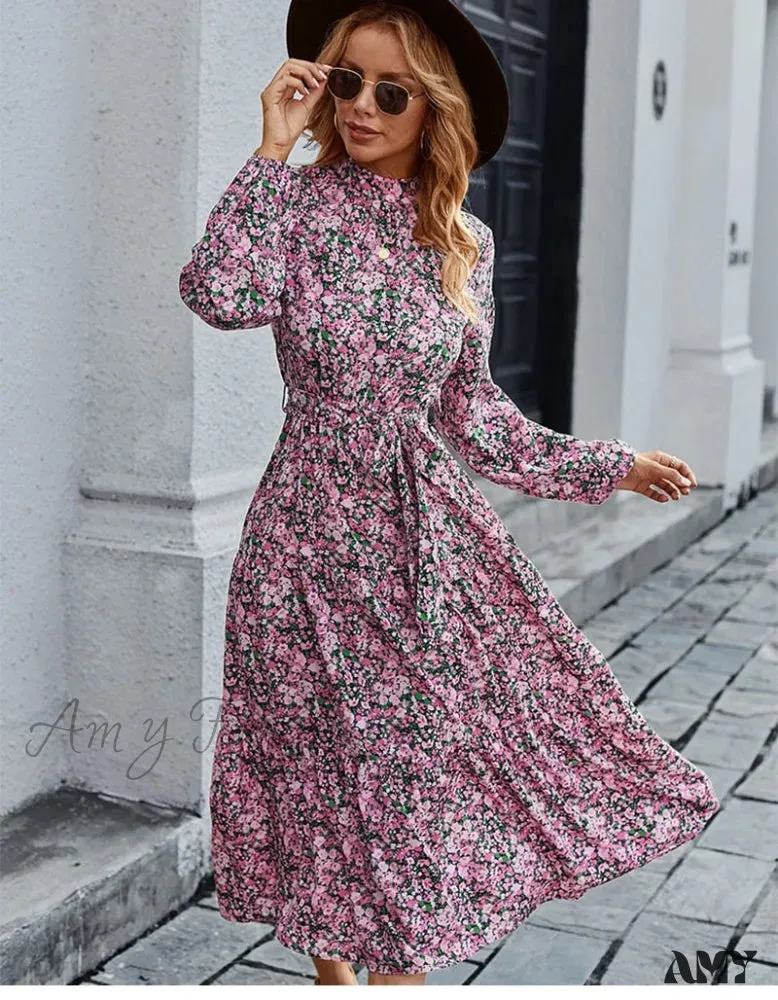 Amy Fashion - Autumn Winter Half High Collar Floral Dress