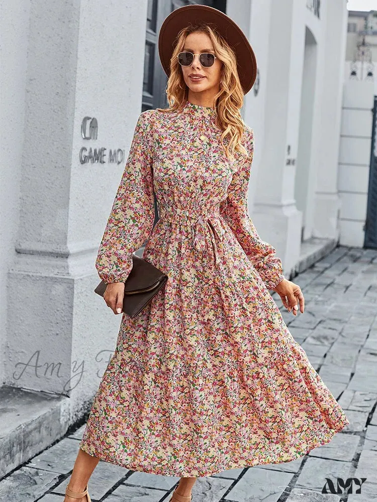 Amy Fashion - Autumn Winter Half High Collar Floral Dress