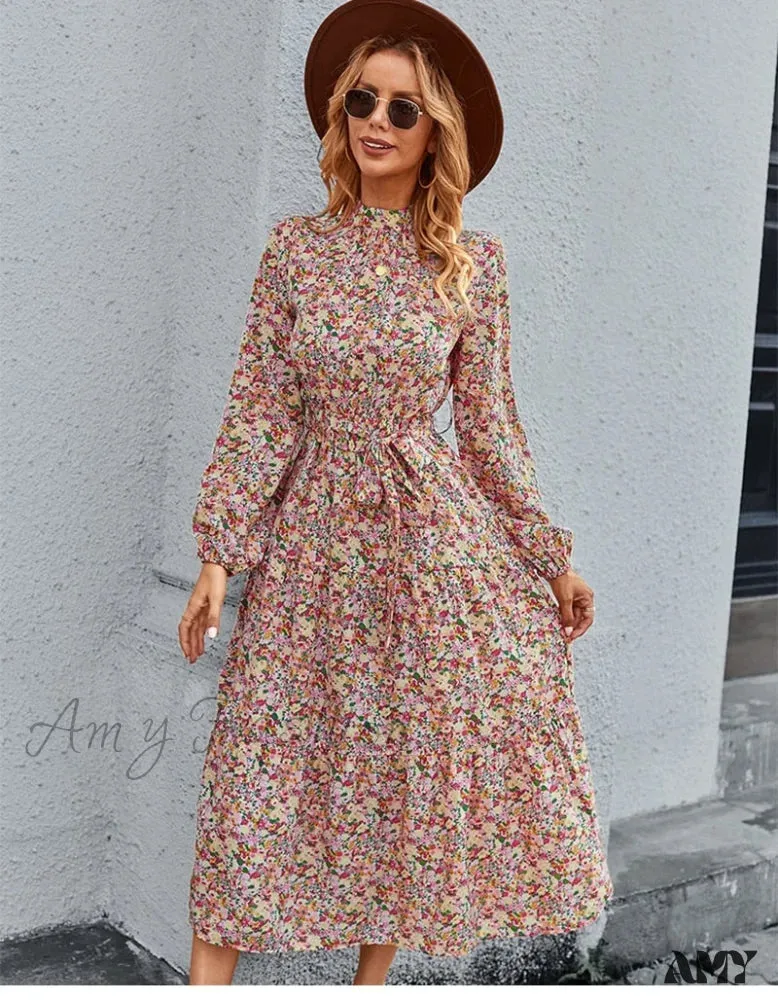 Amy Fashion - Autumn Winter Half High Collar Floral Dress