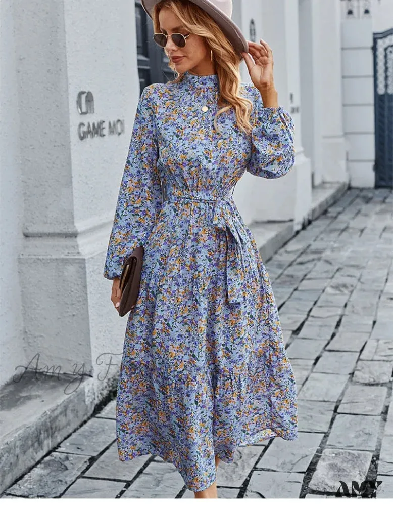 Amy Fashion - Autumn Winter Half High Collar Floral Dress