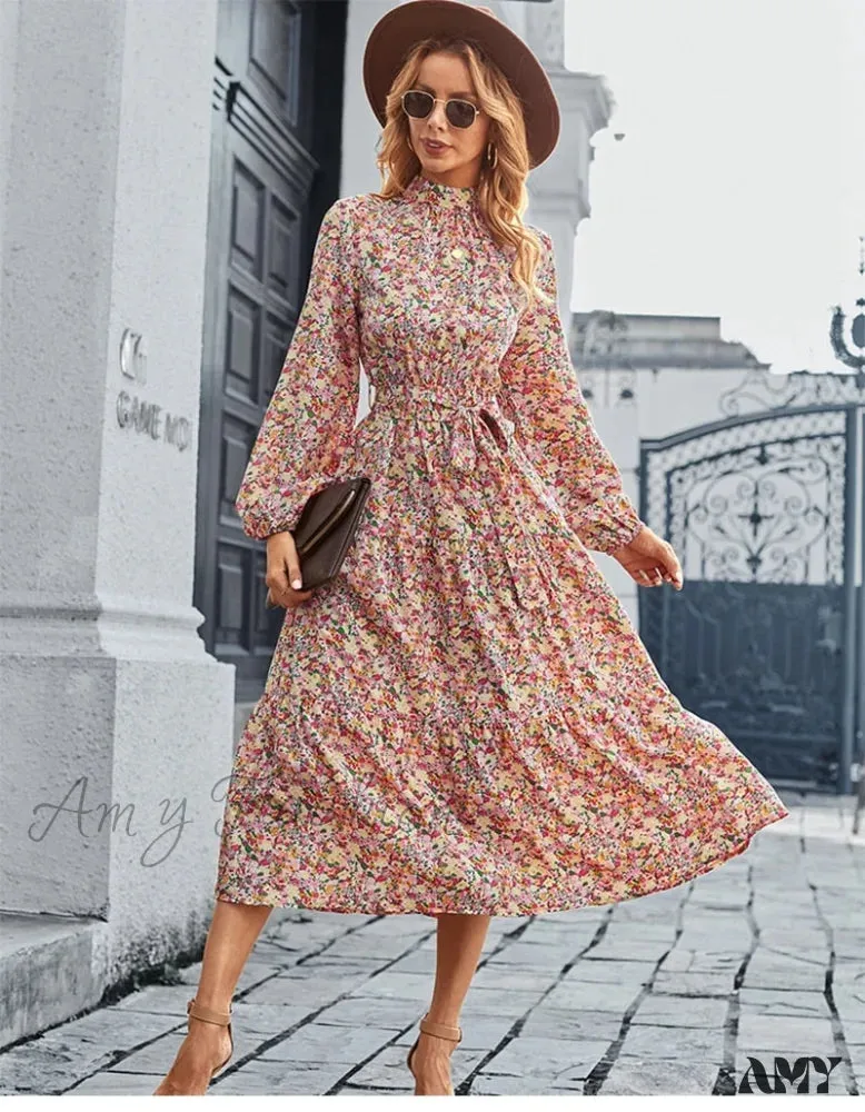 Amy Fashion - Autumn Winter Half High Collar Floral Dress