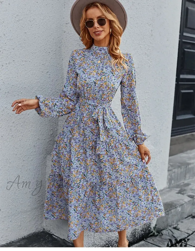 Amy Fashion - Autumn Winter Half High Collar Floral Dress