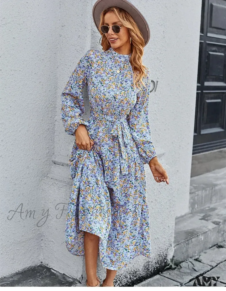 Amy Fashion - Autumn Winter Half High Collar Floral Dress