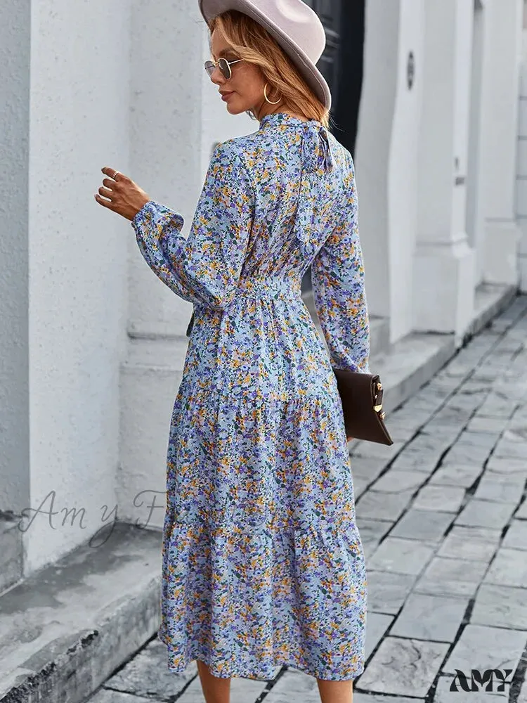 Amy Fashion - Autumn Winter Half High Collar Floral Dress
