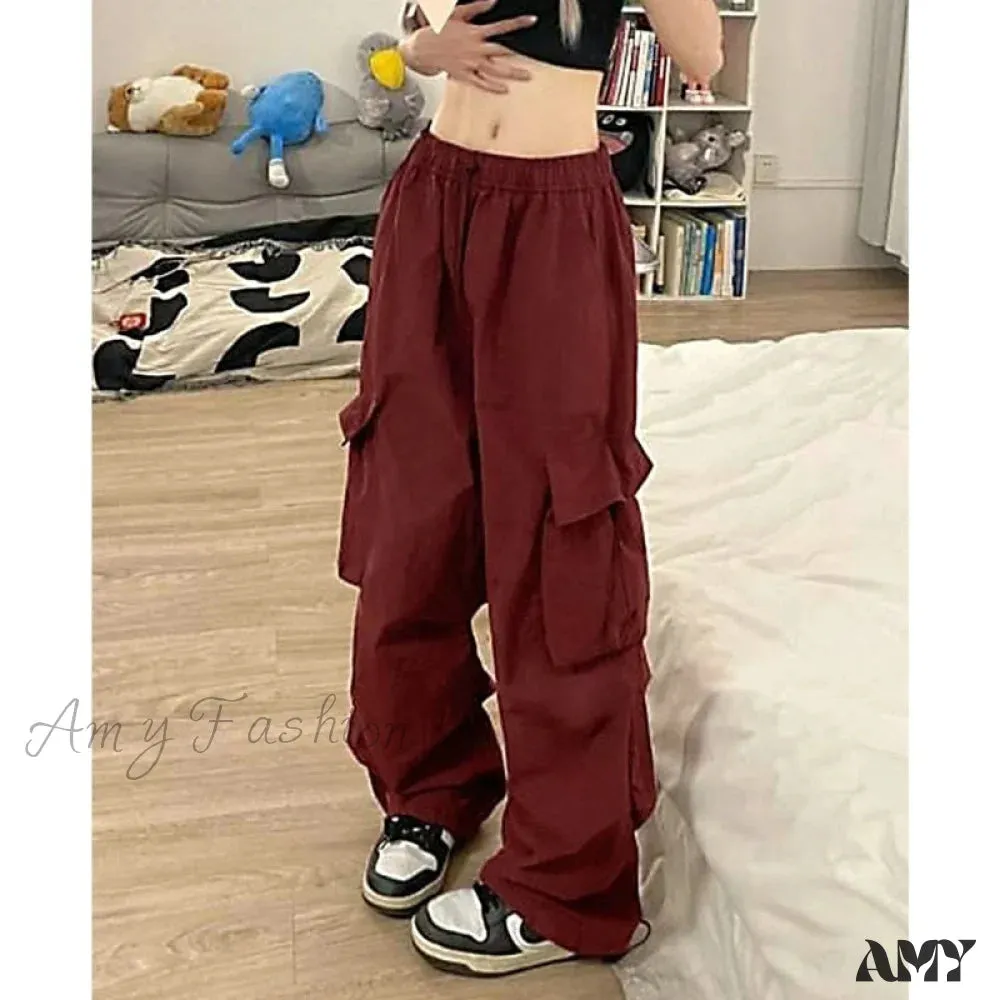 Amy Fashion - Casual Baggy Straight Wide Leg Pockets Joggers Trousers