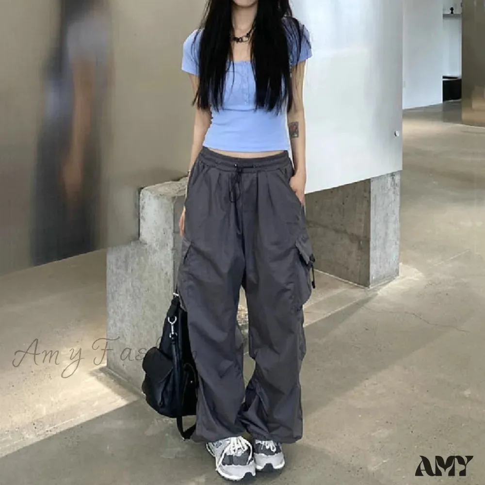 Amy Fashion - Casual Baggy Straight Wide Leg Pockets Joggers Trousers