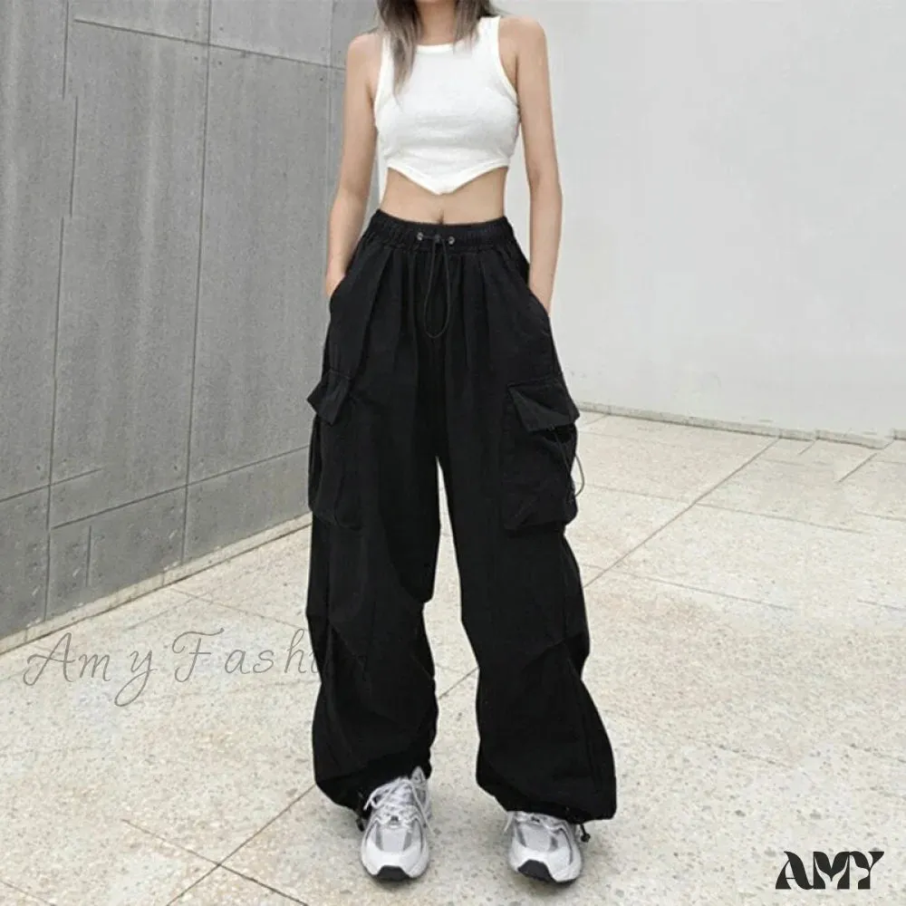 Amy Fashion - Casual Baggy Straight Wide Leg Pockets Joggers Trousers