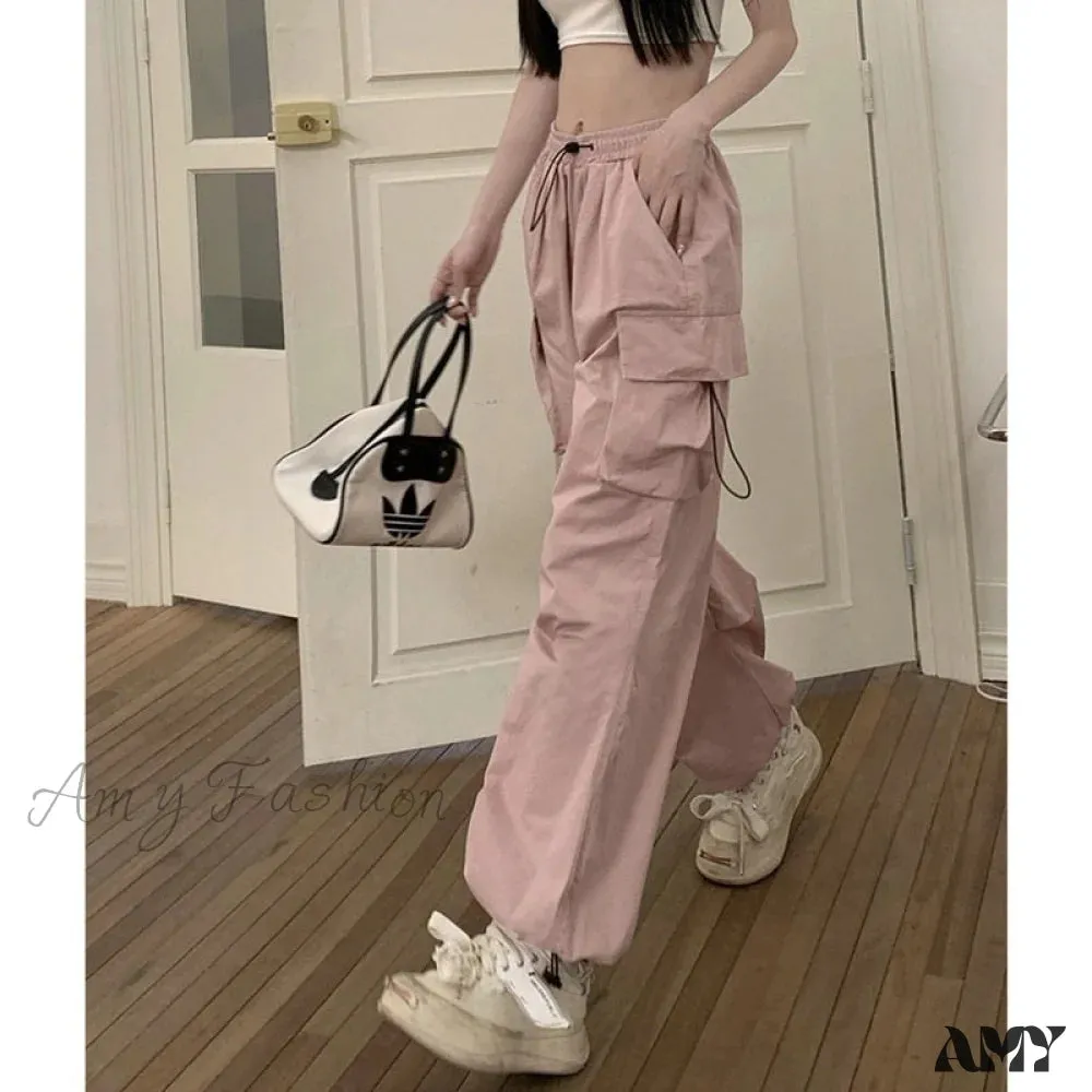 Amy Fashion - Casual Baggy Straight Wide Leg Pockets Joggers Trousers