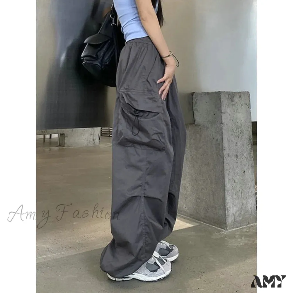 Amy Fashion - Casual Baggy Straight Wide Leg Pockets Joggers Trousers
