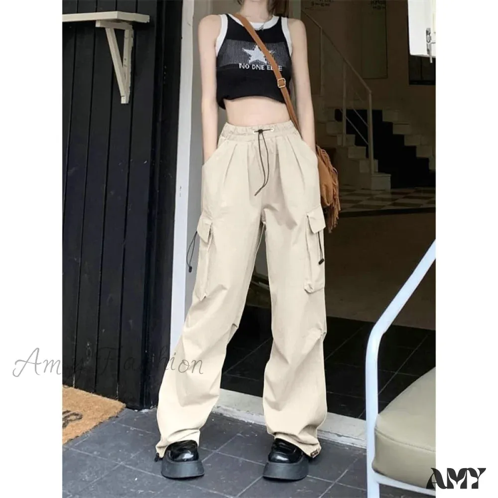 Amy Fashion - Casual Baggy Straight Wide Leg Pockets Joggers Trousers