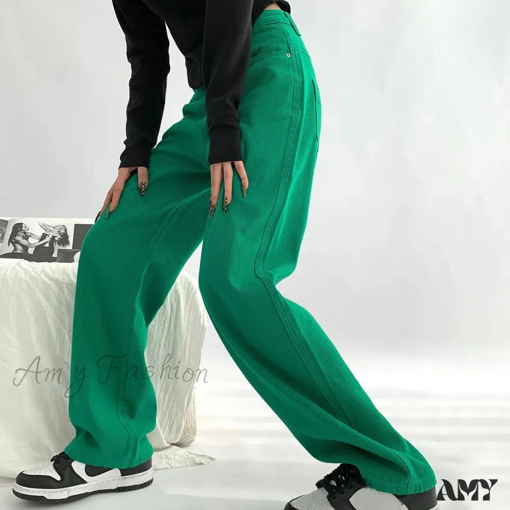 Amy Fashion - Green Baggy Waist Wide Leg Jeans Straight Denim Pants