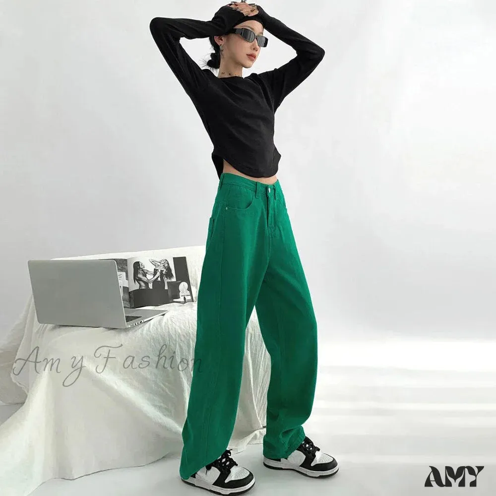 Amy Fashion - Green Baggy Waist Wide Leg Jeans Straight Denim Pants