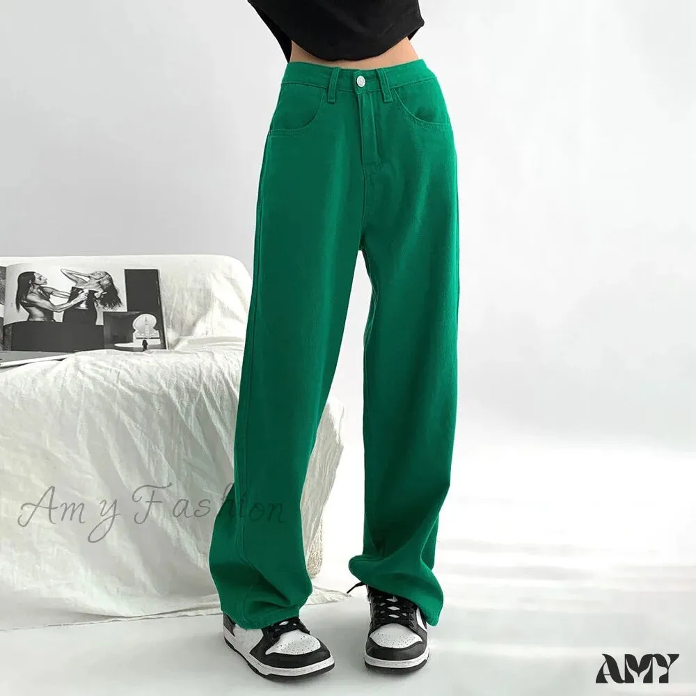 Amy Fashion - Green Baggy Waist Wide Leg Jeans Straight Denim Pants
