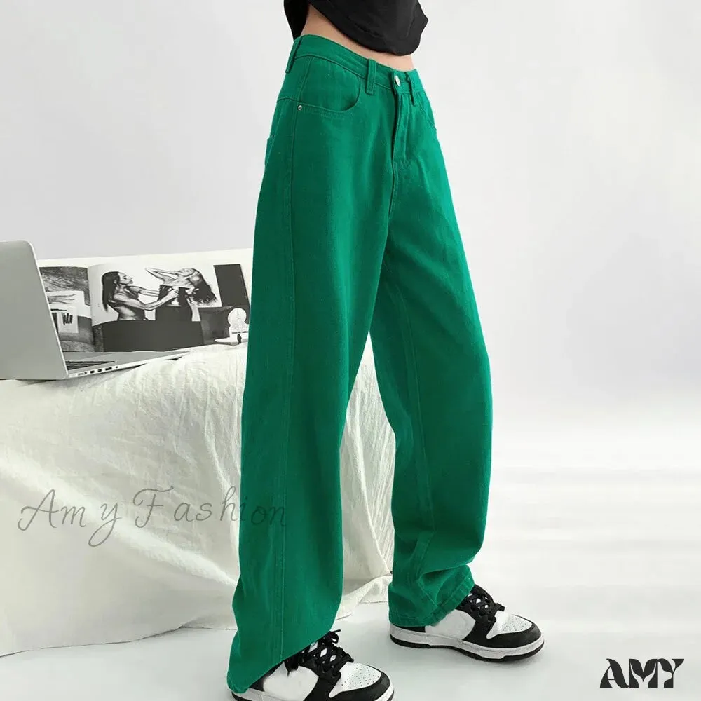 Amy Fashion - Green Baggy Waist Wide Leg Jeans Straight Denim Pants