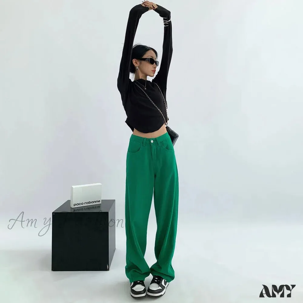 Amy Fashion - Green Baggy Waist Wide Leg Jeans Straight Denim Pants