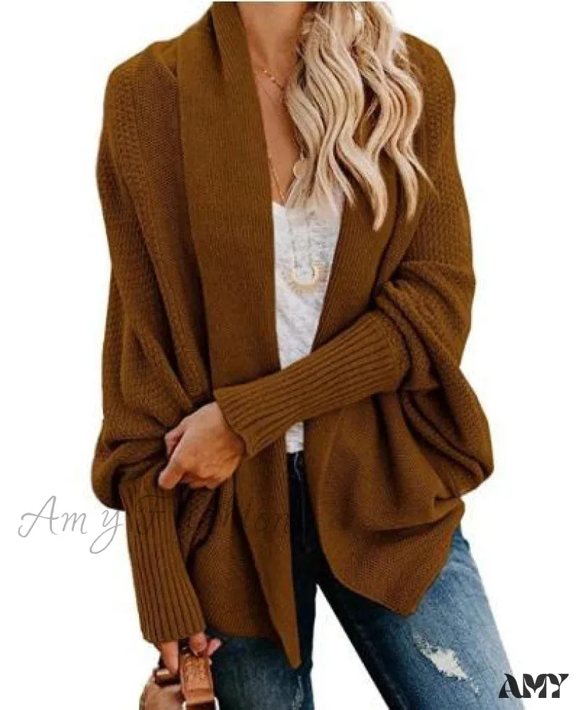 Amy Fashion - Long Knit Pocket Coat Female Casual Bat Sleeve Cardigan