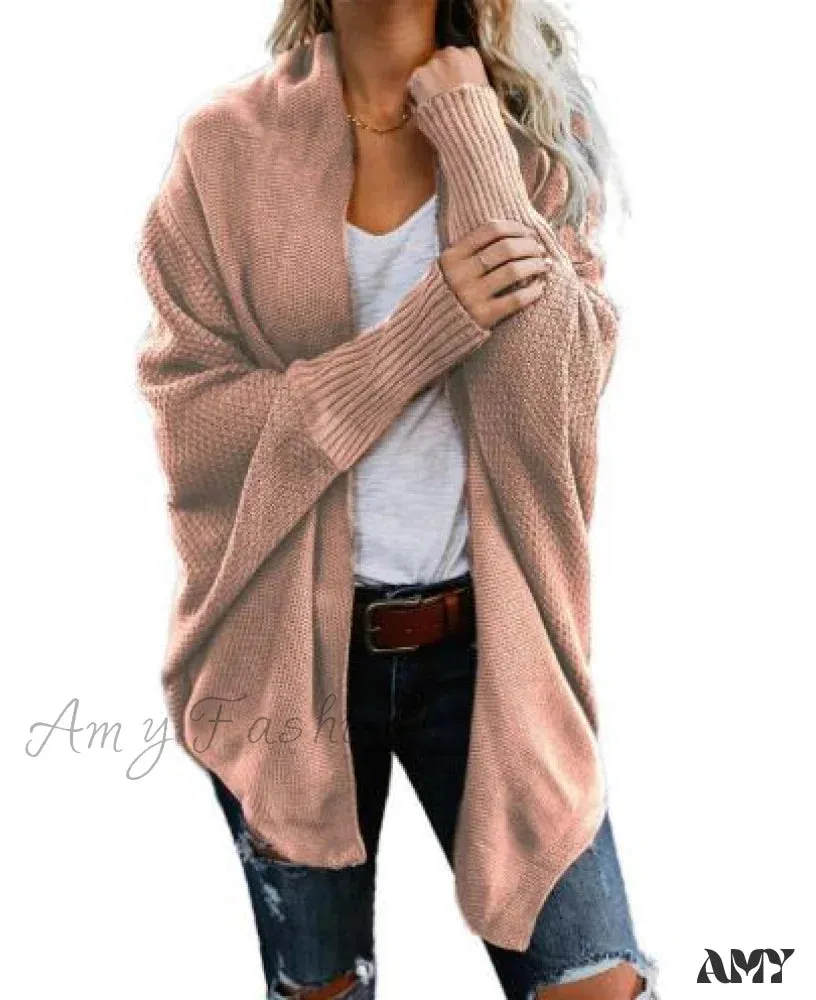 Amy Fashion - Long Knit Pocket Coat Female Casual Bat Sleeve Cardigan
