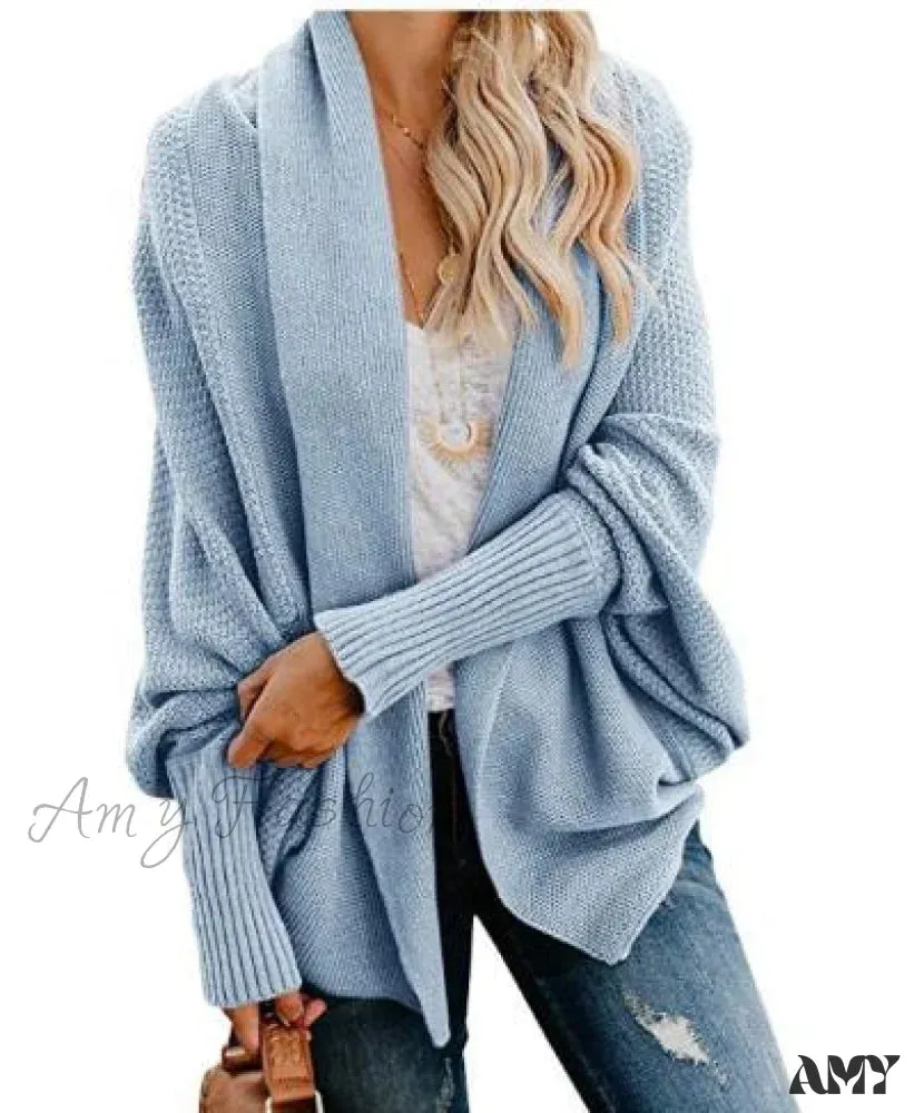 Amy Fashion - Long Knit Pocket Coat Female Casual Bat Sleeve Cardigan