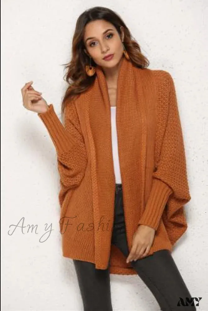 Amy Fashion - Long Knit Pocket Coat Female Casual Bat Sleeve Cardigan