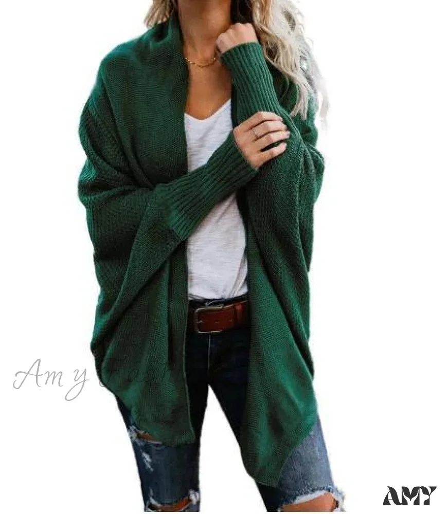 Amy Fashion - Long Knit Pocket Coat Female Casual Bat Sleeve Cardigan