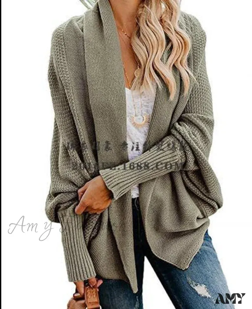 Amy Fashion - Long Knit Pocket Coat Female Casual Bat Sleeve Cardigan