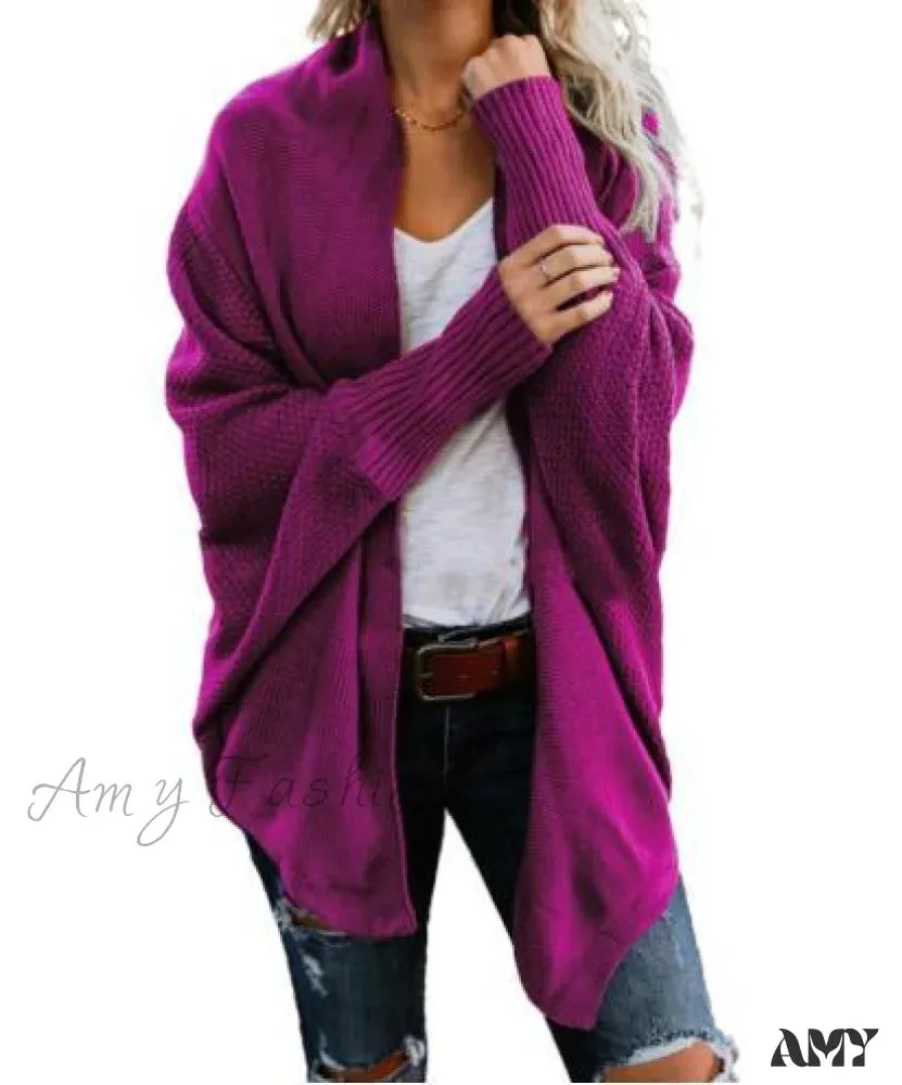Amy Fashion - Long Knit Pocket Coat Female Casual Bat Sleeve Cardigan