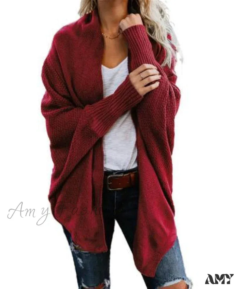 Amy Fashion - Long Knit Pocket Coat Female Casual Bat Sleeve Cardigan