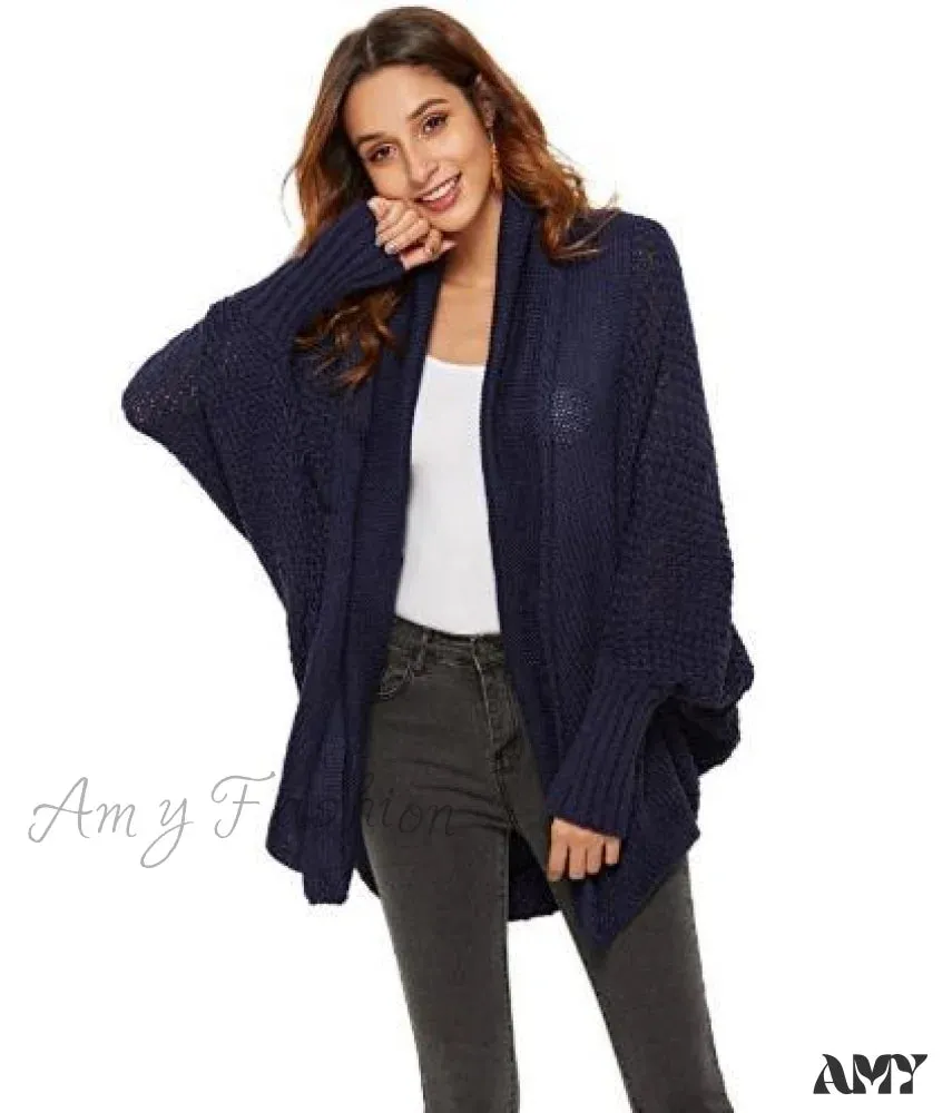 Amy Fashion - Long Knit Pocket Coat Female Casual Bat Sleeve Cardigan
