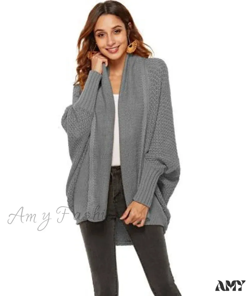 Amy Fashion - Long Knit Pocket Coat Female Casual Bat Sleeve Cardigan