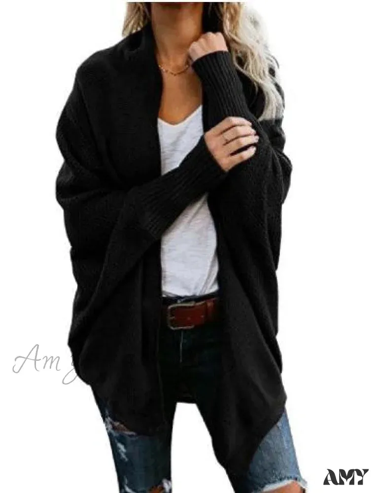 Amy Fashion - Long Knit Pocket Coat Female Casual Bat Sleeve Cardigan
