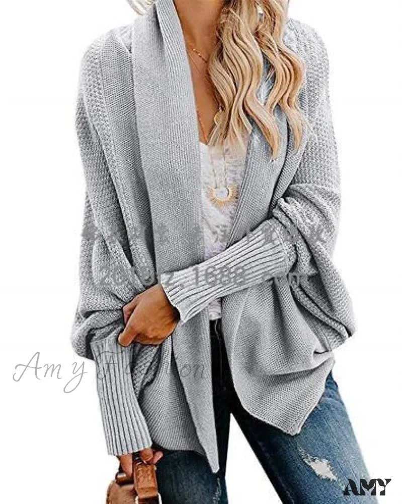 Amy Fashion - Long Knit Pocket Coat Female Casual Bat Sleeve Cardigan